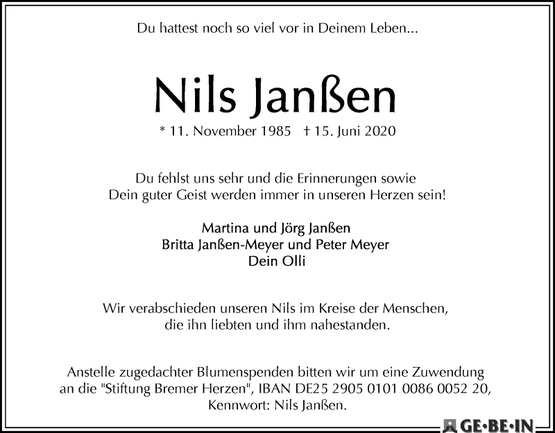  Traueranzeige für Nils Janßen vom 20.06.2020 aus WESER-KURIER