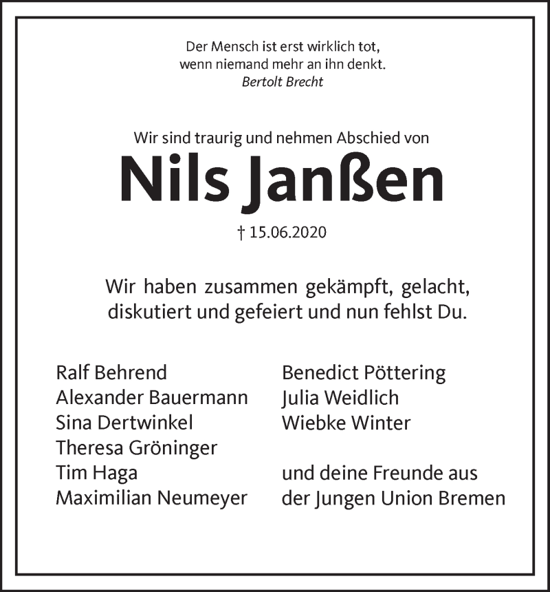  Traueranzeige für Nils Janßen vom 20.06.2020 aus WESER-KURIER