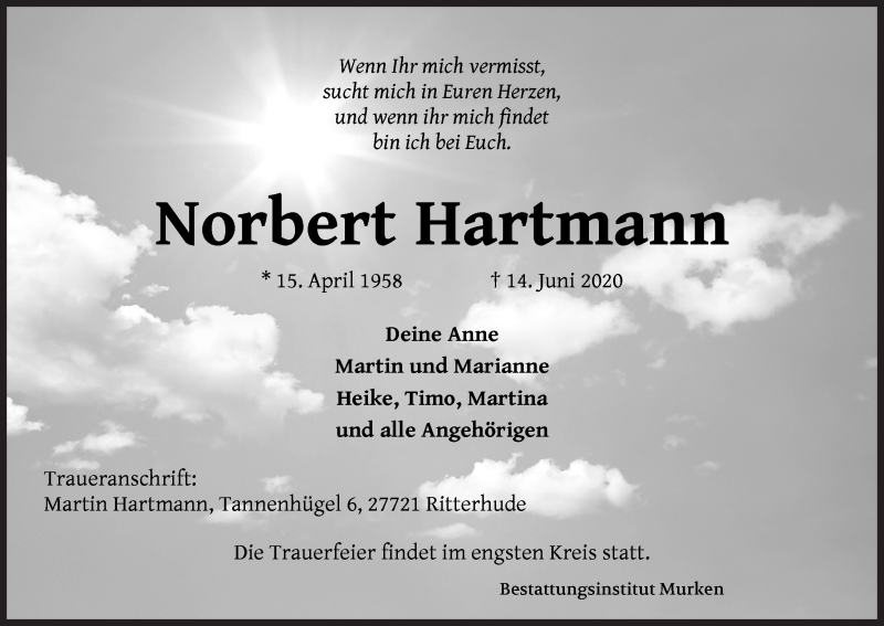  Traueranzeige für Norbert Hartmann vom 19.06.2020 aus Osterholzer Kreisblatt