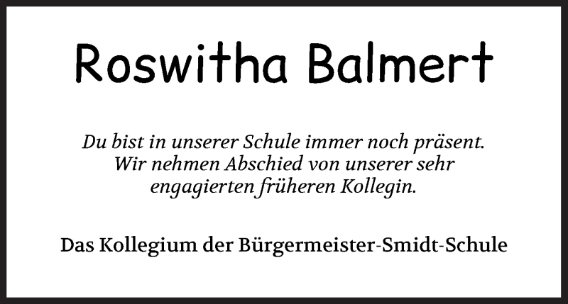 Traueranzeige von Roswitha Balmert von WESER-KURIER