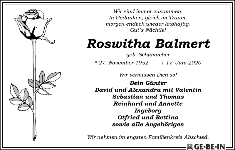 Traueranzeige von Roswitha Balmert von WESER-KURIER