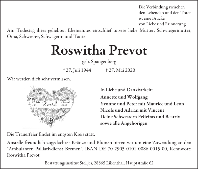  Traueranzeige für Roswitha Prevot vom 06.06.2020 aus WESER-KURIER