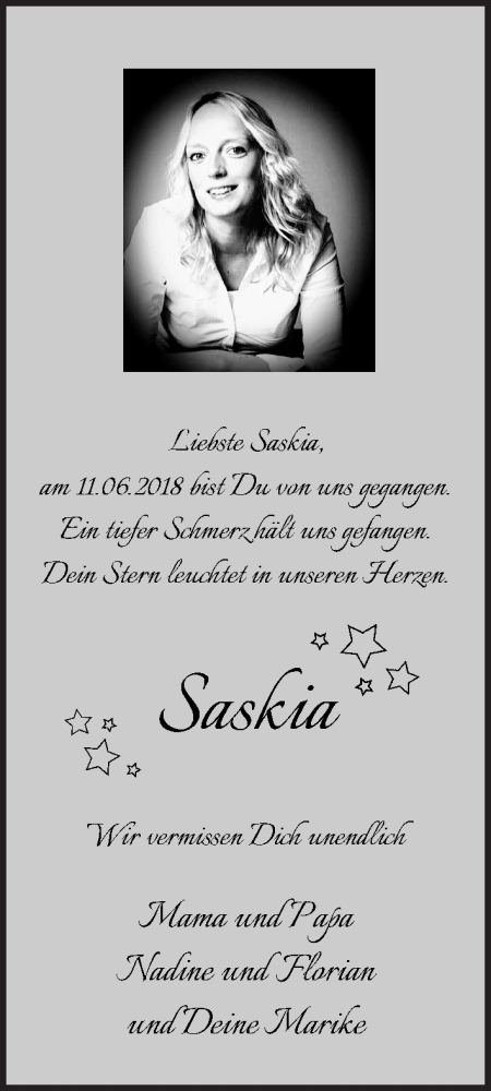  Traueranzeige für Saskia Coors vom 11.06.2020 aus WESER-KURIER