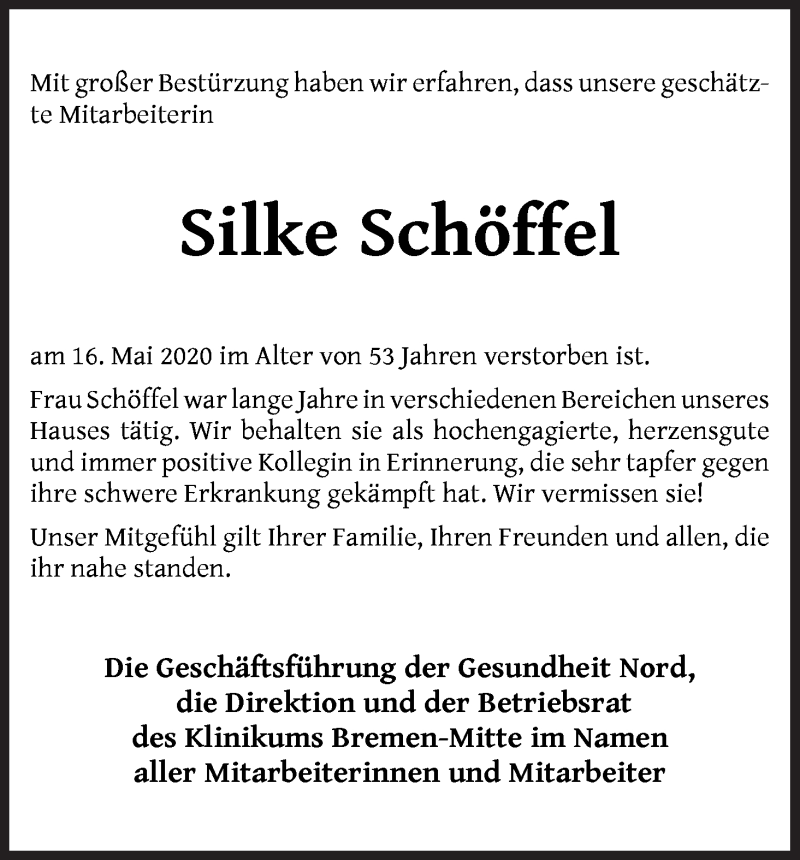 Traueranzeige für Silke Schöffel vom 06.06.2020 aus WESER-KURIER