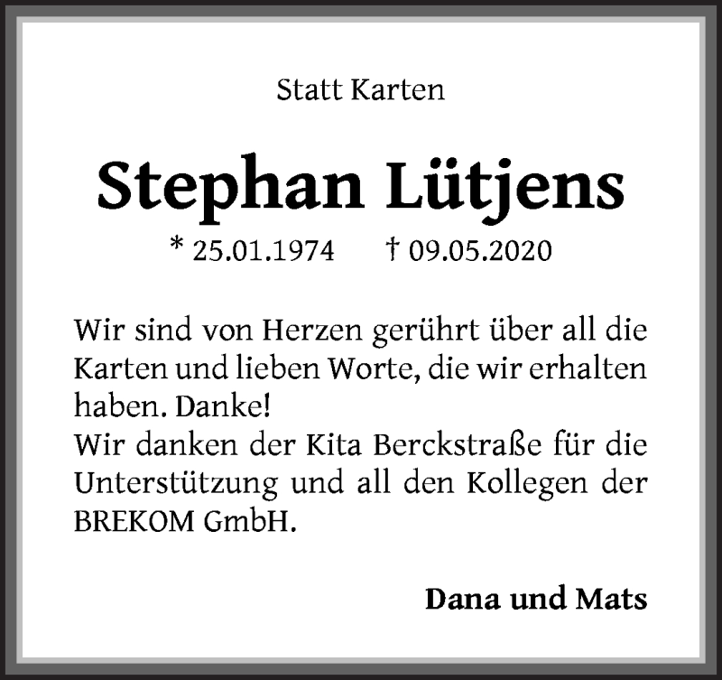  Traueranzeige für Stephan Lütjens vom 20.06.2020 aus WESER-KURIER