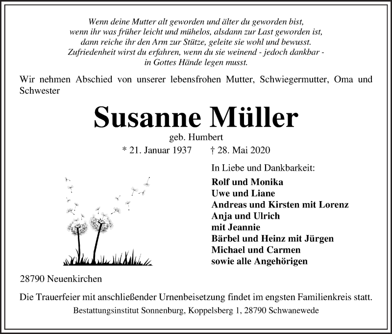 Traueranzeige von Susanne Müller von Die Norddeutsche