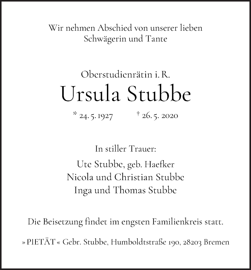 Traueranzeige von Ursula Stubbe von WESER-KURIER
