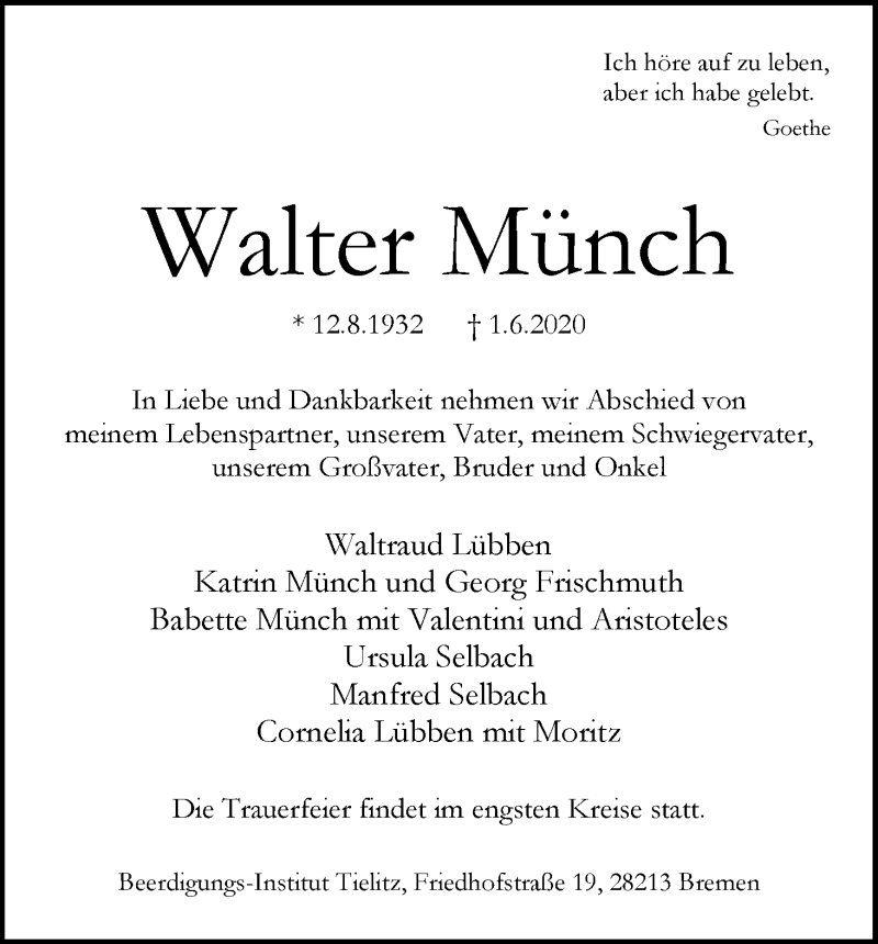 Traueranzeige von Walter Münch von WESER-KURIER