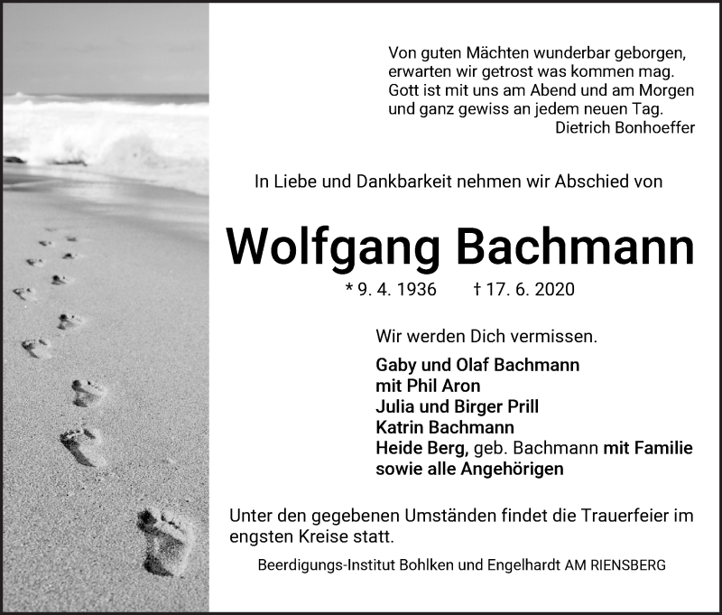  Traueranzeige für Wolfgang Bachmann vom 20.06.2020 aus Wuemme Zeitung