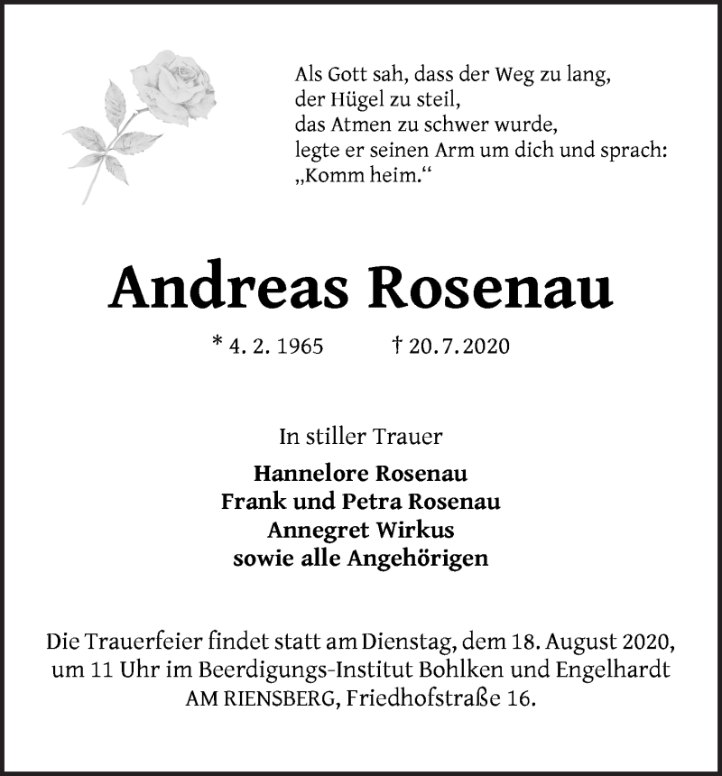  Traueranzeige für Andreas Rosenau vom 25.07.2020 aus WESER-KURIER