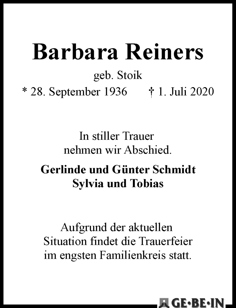 Traueranzeige von Barbara Reiners von WESER-KURIER