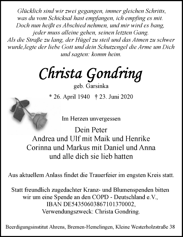 Traueranzeige von Christa Gondring von WESER-KURIER