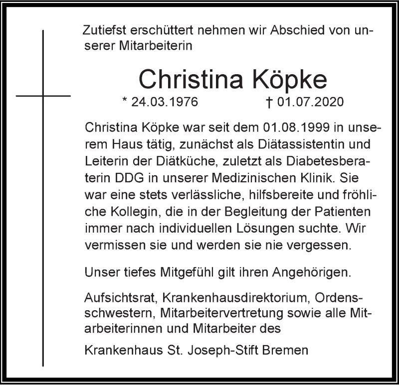 Traueranzeige für Christina Köpke vom 11.07.2020 aus WESER-KURIER