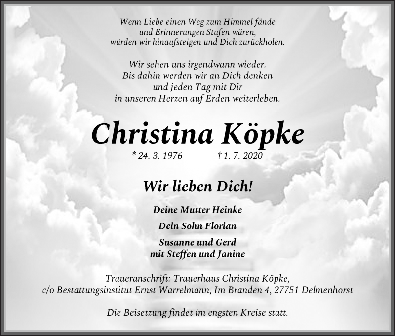  Traueranzeige für Christina Köpke vom 08.07.2020 aus Delmenhorster Kurier