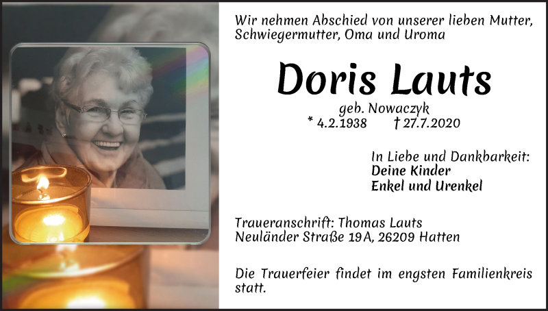  Traueranzeige für Doris Lauts vom 29.07.2020 aus Die Norddeutsche