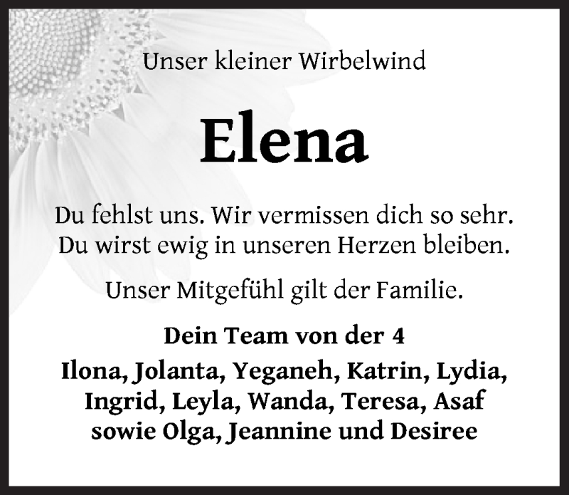  Traueranzeige für Elena Wagner vom 11.07.2020 aus WESER-KURIER