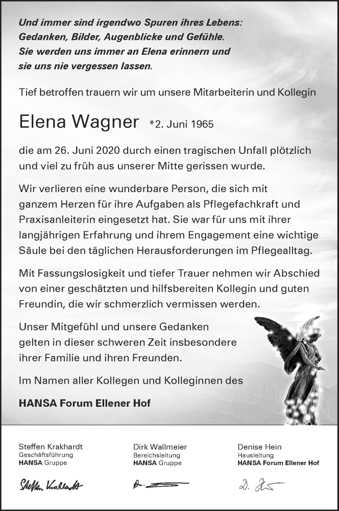  Traueranzeige für Elena Wagner vom 11.07.2020 aus WESER-KURIER