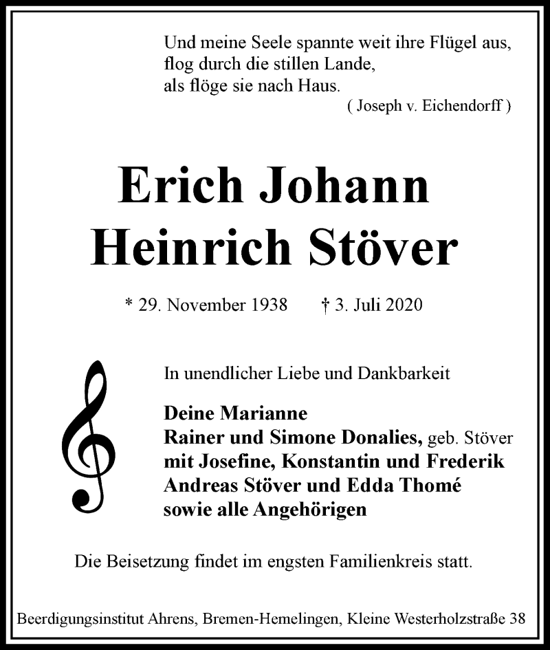 Traueranzeige von Erich Johann Heinrich Stöver von WESER-KURIER