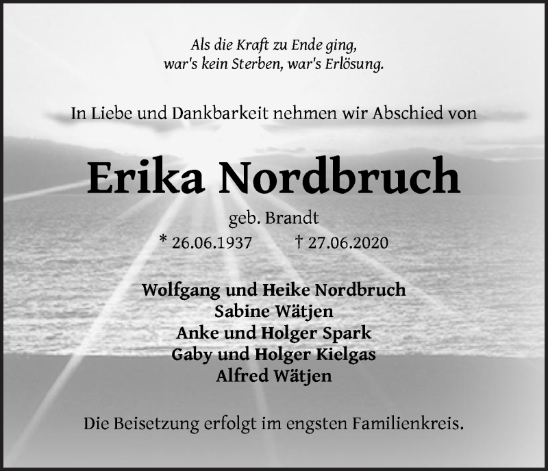  Traueranzeige für Erika Nordbruch vom 11.07.2020 aus WESER-KURIER