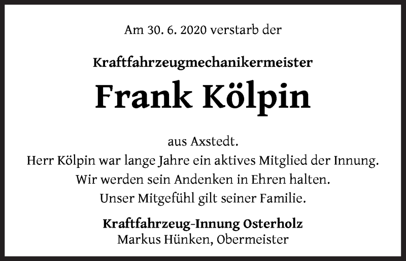  Traueranzeige für Frank Kölpin vom 07.07.2020 aus Osterholzer Kreisblatt