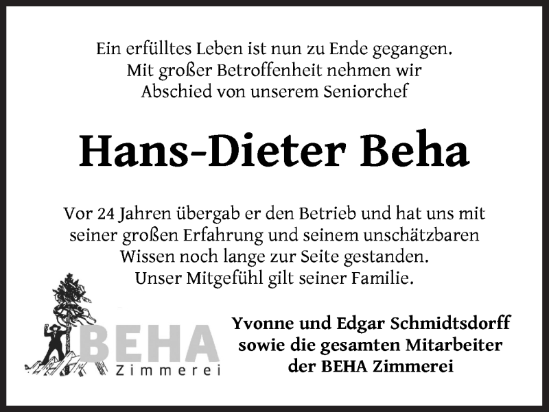 Traueranzeige von Hans-Dieter Beha von Osterholzer Kreisblatt
