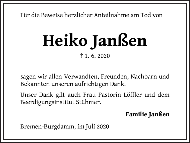  Traueranzeige für Heiko Janßen vom 04.07.2020 aus WESER-KURIER