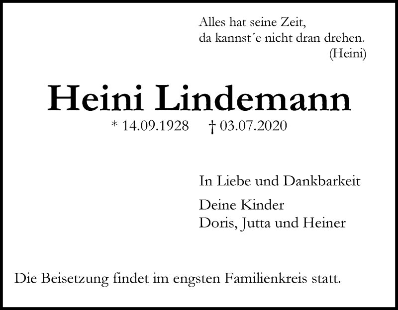 Traueranzeige von Heini Lindemann von WESER-KURIER