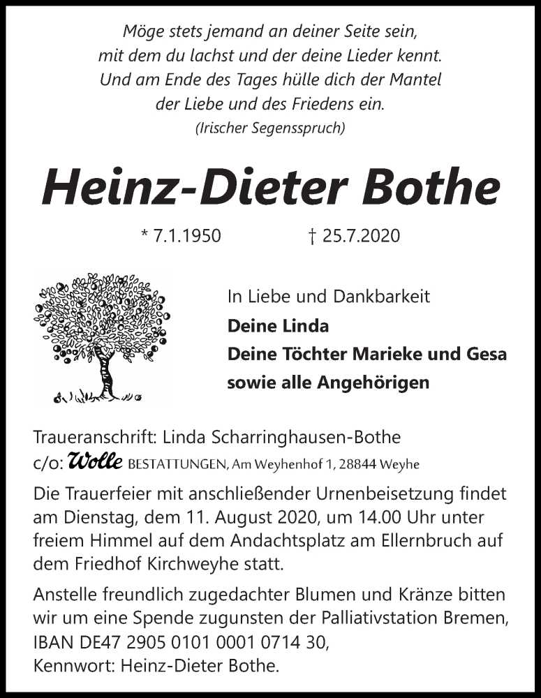  Traueranzeige für Heinz-Dieter Bothe vom 30.07.2020 aus WESER-KURIER