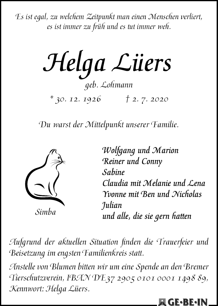 Traueranzeige von Helga Lüers von WESER-KURIER