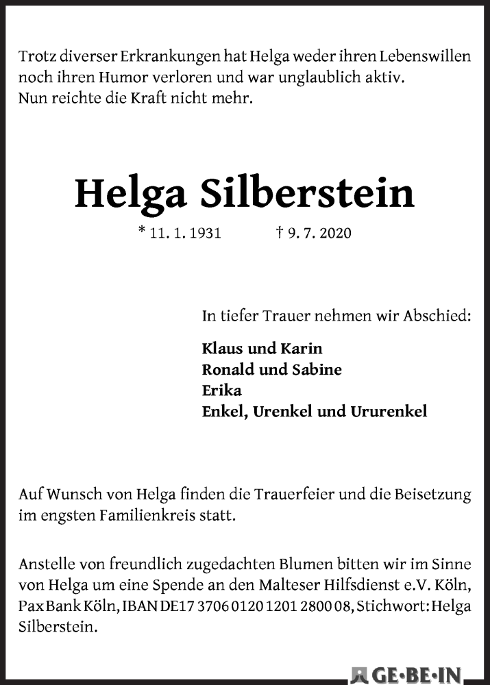  Traueranzeige für Helga Silberstein vom 18.07.2020 aus WESER-KURIER