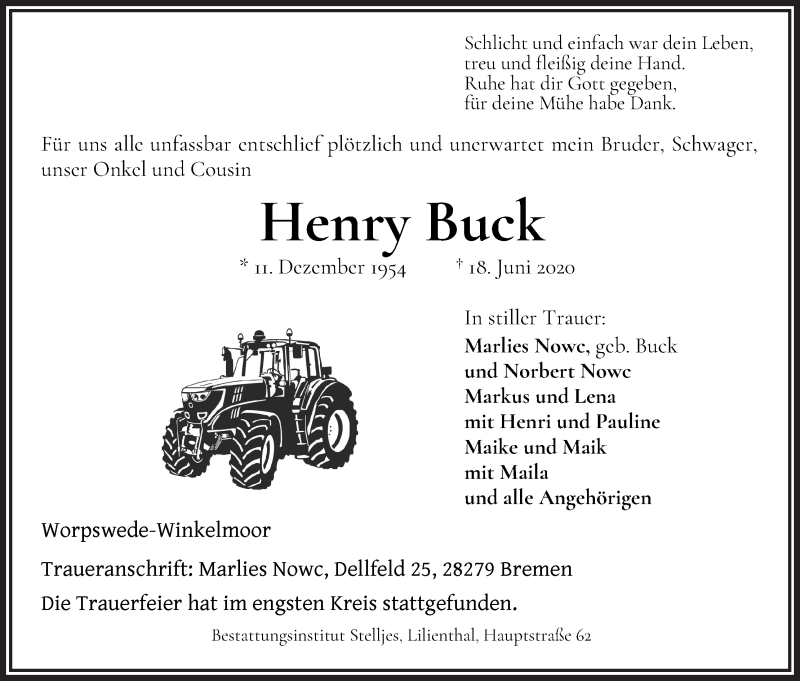  Traueranzeige für Henry Buck vom 11.07.2020 aus Wuemme Zeitung