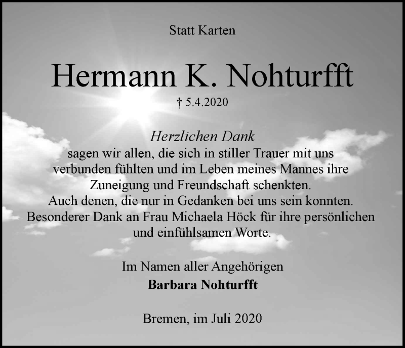 Traueranzeige von Hermann K. Nohturfft von WESER-KURIER