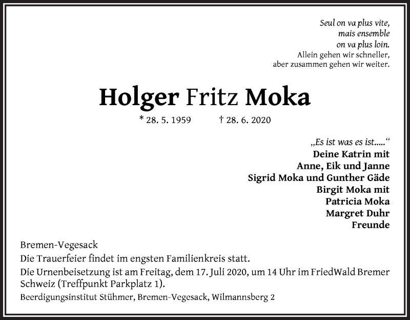 Traueranzeige von Holger Fritz Moka von WESER-KURIER