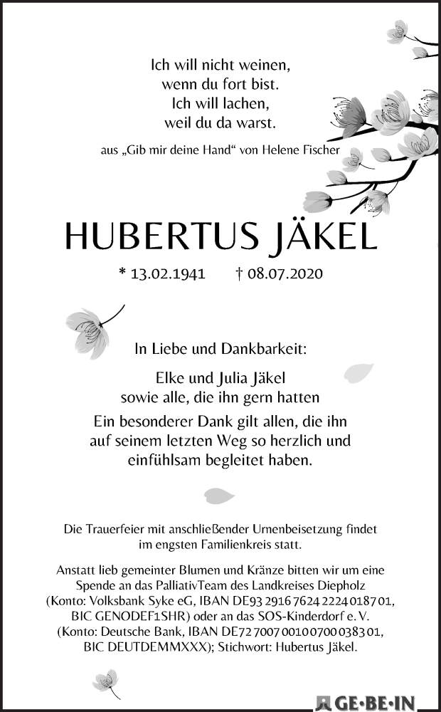Traueranzeige von Hubertus Jäkel von WESER-KURIER
