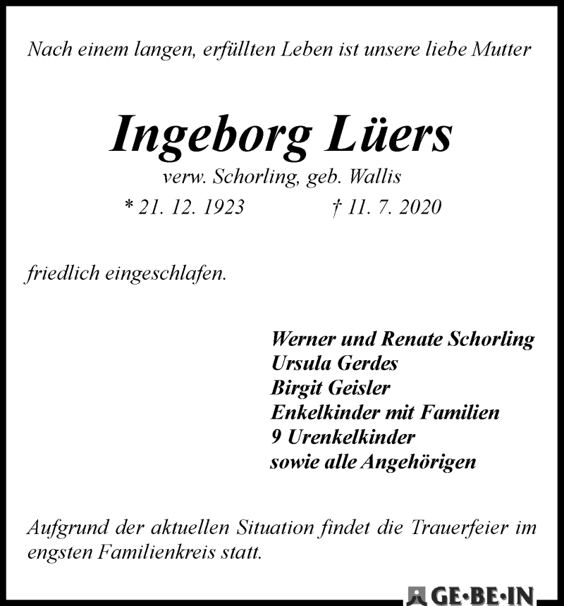 Traueranzeige von Ingeborg Lüers von WESER-KURIER