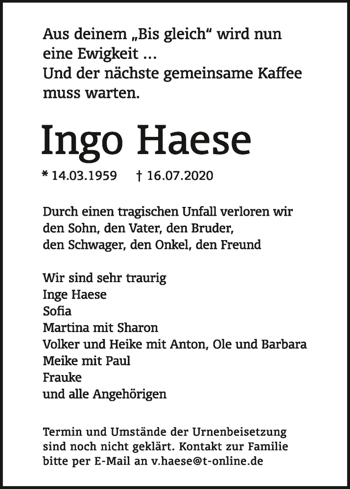  Traueranzeige für Ingo Haese vom 25.07.2020 aus WESER-KURIER