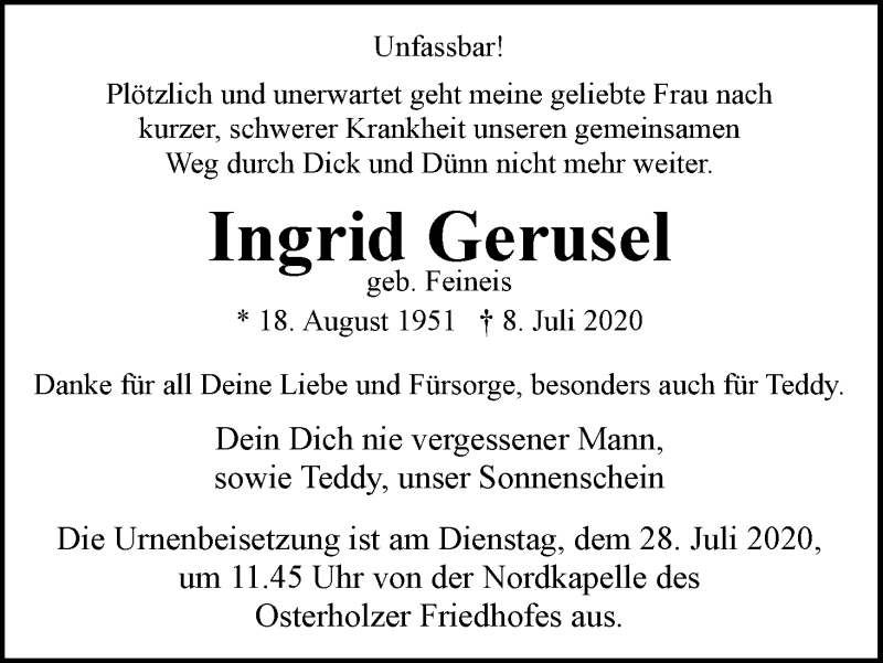 Traueranzeige von Ingrid Gerusel von WESER-KURIER