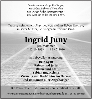 Traueranzeige von Ingrid Juny