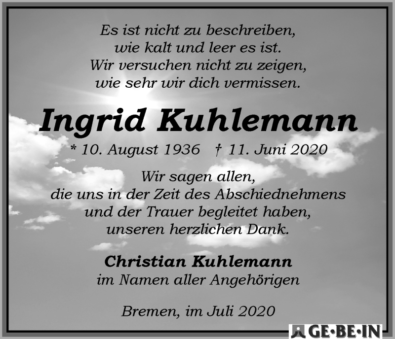  Traueranzeige für Ingrid Kuhlemann vom 18.07.2020 aus WESER-KURIER