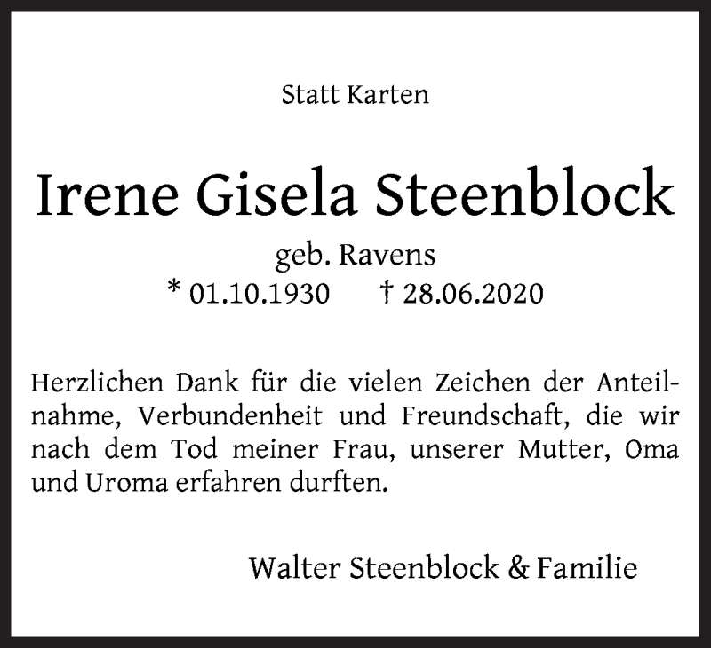 Traueranzeige von Irene Gisela Steenblock von WESER-KURIER