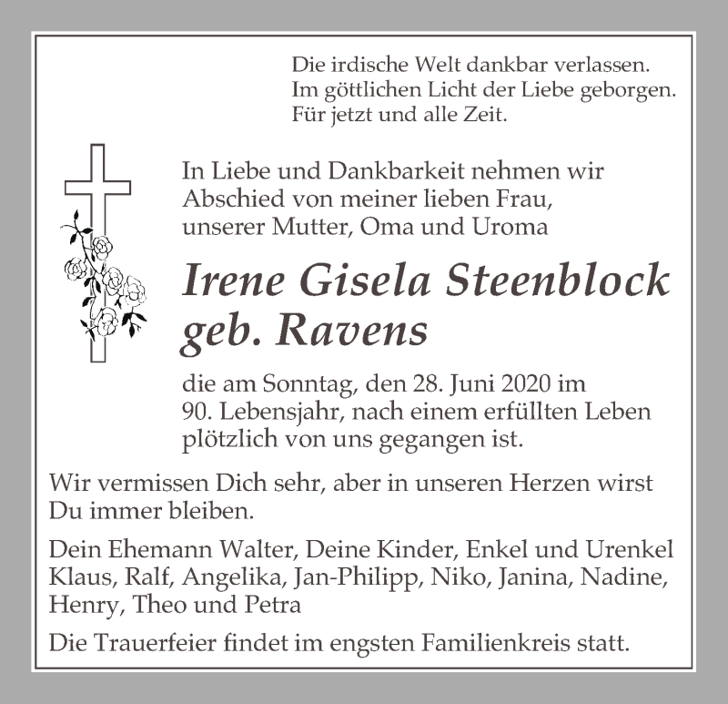 Traueranzeige von Irene Gisela Steenblock von WESER-KURIER
