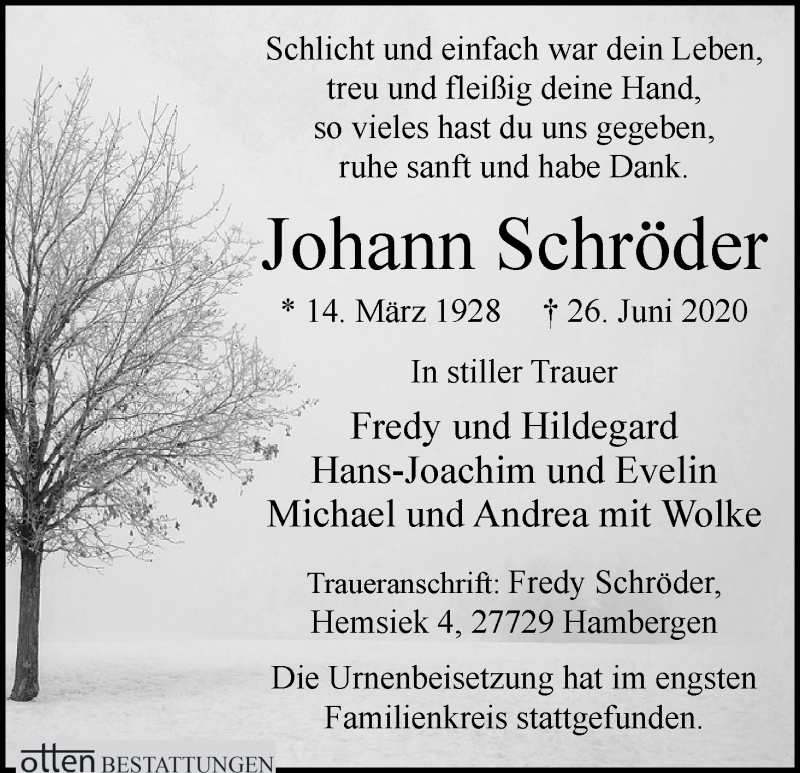 Traueranzeige von Johann Schröder von Osterholzer Kreisblatt