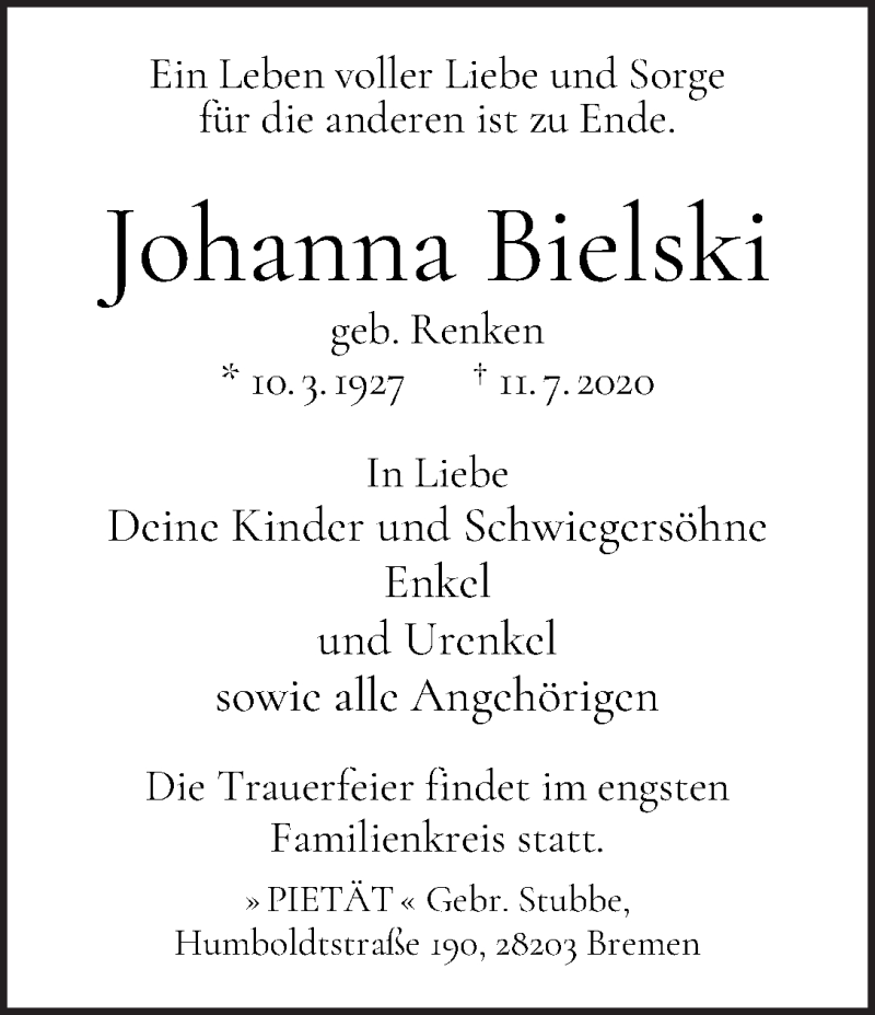  Traueranzeige für Johanna Bielski vom 29.07.2020 aus WESER-KURIER