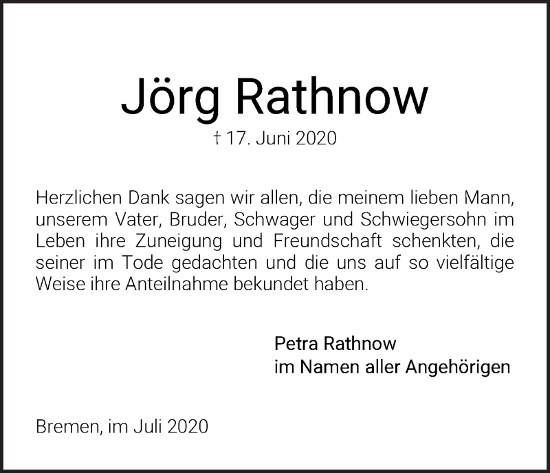  Traueranzeige für Jörg Rathnow vom 18.07.2020 aus WESER-KURIER