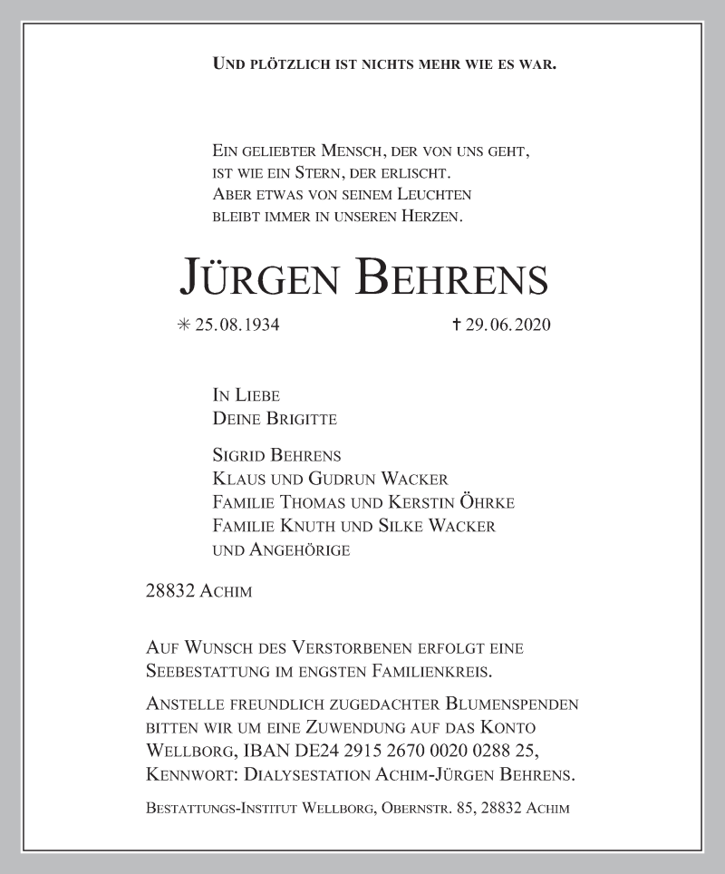 Traueranzeige von Jürgen Behrens von Achimer Kurier/Verdener Nachrichten
