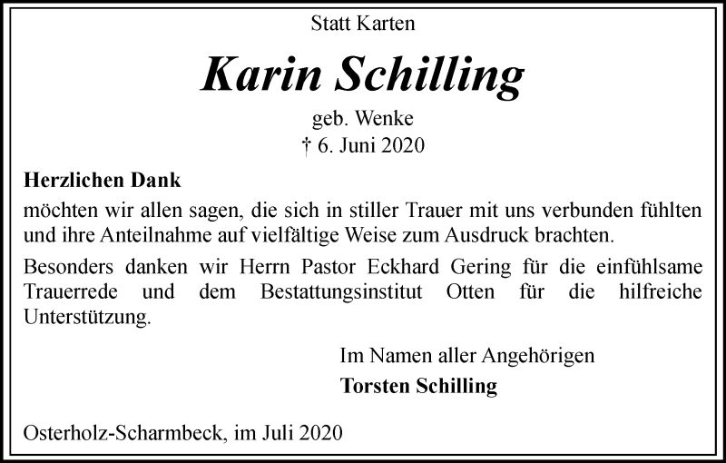 Traueranzeige von Karin Schilling von Osterholzer Kreisblatt