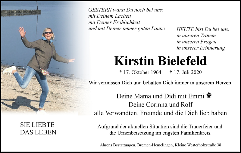  Traueranzeige für Kirstin Bielefeld vom 22.07.2020 aus WESER-KURIER