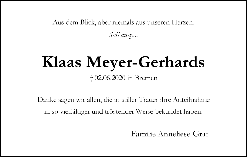 Traueranzeige von Klaas Meyer-Gerhards von WESER-KURIER