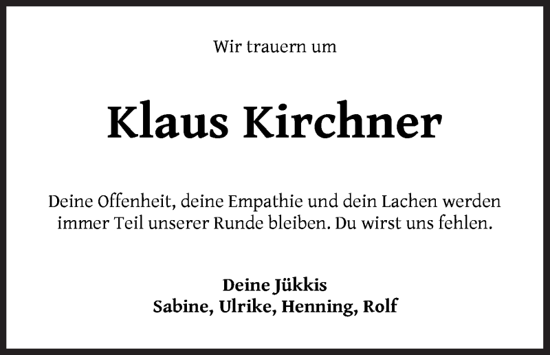  Traueranzeige für Klaus Kirchner vom 11.07.2020 aus WESER-KURIER