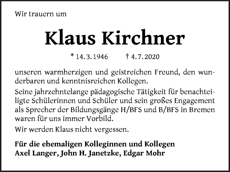  Traueranzeige für Klaus Kirchner vom 15.07.2020 aus WESER-KURIER